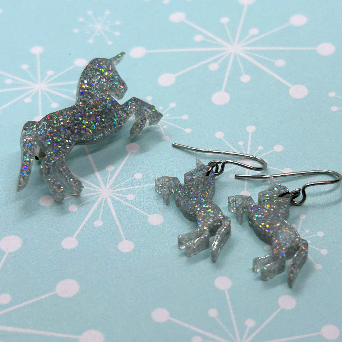Acrylic Unicorn earrings, brooches and necklaces - The Argentum Design Co